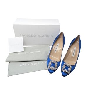 Manolo Blahnik Hangisi Blue Satin 70mm Crystal Pump Size EU 39
